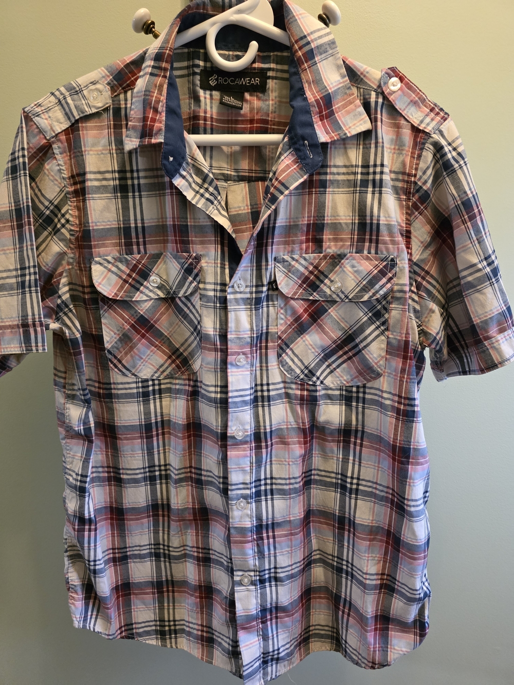 Rocawear Men’s Short Sleeve Plaid Button-Up Shirt - Blue, Red & White